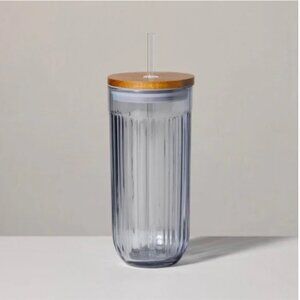 **NEW**21oz Fluted Glass Tumbler with Wood Lid Blue - Hearth & Hand™ w/ Magnolia
